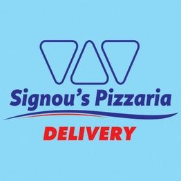 Logotipo azul de Signou's Pizzaria com a palavra "DELIVERY" em vermelho.