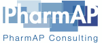 Logo von PharmAP Consulting mit verschiedenen Blautönen.