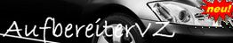 Schwarz-weißes Bild eines Autoteils mit Text "AufbereiterVZ" und rotem "neu!"-Sticker.