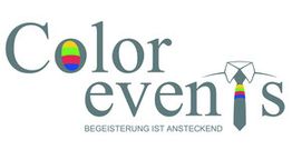 Logo mit Text "Color events", ein bunter Kreis im O und eine bunte Krawatte im T.