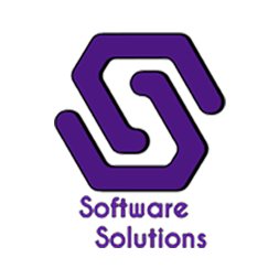 Logotipo morado de "Software Solutions" con diseño geométrico.