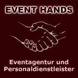 Zwei Hände zum Händedruck. Text: EVENT HANDS, Eventagentur und Personaldienstleister.