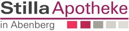Logo der Stilla Apotheke in Abenberg mit bunten Farbquadraten in Rot- und Grautönen.