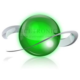 Esfera verde brillante con una cinta gris alrededor y texto "ICETRONIC".