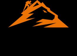 Ein orangefarbenes Löwenlogo mit einem Bergsteiger auf schwarzem Hintergrund.