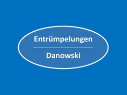 Blaues Logo mit einem weißen Oval. Text: "Entrümpelungen Danowski" in weißer Schrift.