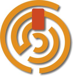 Orange und rotes geometrisches Design mit Kreisen und Rechtecken auf weißem Hintergrund.