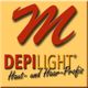 Logo mit rotem "M", Text "DEPI LIGHT" und "Haut- und Haar-Profis" auf beigefarbenem Hintergrund.