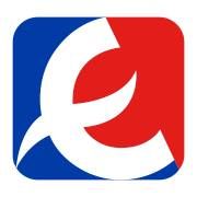 Logotipo con diseño de "e" blanca sobre fondo azul y rojo, en un cuadrado con bordes redondeados.