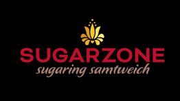 Roter "SUGARZONE" Schriftzug, gelbes Logo darüber, Text "sugaring samtweich" darunter auf Schwarz.
