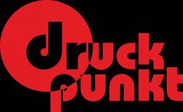 Roter Schriftzug "Druckpunkt" vor schwarzem Hintergrund mit großem roten Kreis links.