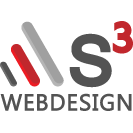 Logo mit "S3 Webdesign" und drei schrägen Streifen in Grau, Weiß und Rot.