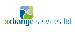 Logo mit Text: "xchange services ltd" und einem stilisierten, blau-grünen Quadrat.