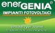 Logo di Energenia: impianti fotovoltaici, con sole stilizzato e dettagli di contatto aziendali.