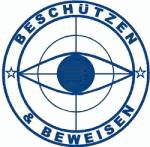 Blaues Logo mit Auge in der Mitte, Text "Beschützen & Beweisen" und Sterne in einem Kreis.