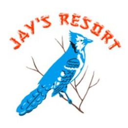 Blue jay on a branch with text "Jay's Resort" in orange above it.