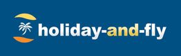 Logo mit Palme auf blauem Hintergrund, Text: "holiday-and-fly".