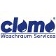 Logo von "clomo Waschraum Services" in blauer Schrift mit tropfenförmigem Design.