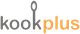 Logo van "kookplus" met een lepel als de letter "l," in grijs en oranje kleuren.