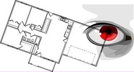 Grundriss eines Hauses mit einem roten Auge rechts.