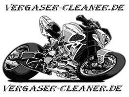 Schwarz-weiße Zeichnung eines Motorrads mit Aufschrift "Vergaser-Cleaner.de".