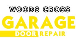 "Woods Cross Garage Door Repair" text in black and yellow on a white background.