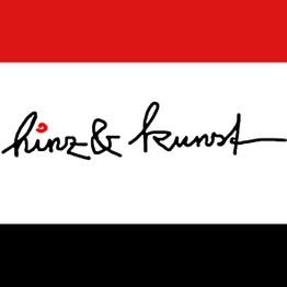 Logo mit handschriftlichem Text "hinz&kunzt" auf rot-weiß-schwarzem Hintergrund.