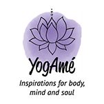 Lila Lotus-Design mit Text: YogAmé - Inspiration für Körper, Geist und Seele.
