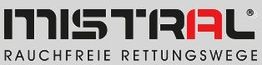 Logo mit Text: Mistral - Rauchfreie Rettungswege auf grauem Hintergrund.