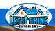 Logo for "Let It Shine Exteriors" with a blue roof and water bubbles.