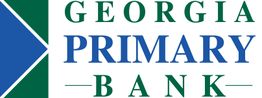Logo of Georgia Primary Bank with blue and green text and a blue arrow design.