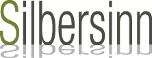 Text "Silbersinn" mit Spiegelung, erstes "S" in Grün, Rest in Grautönen.