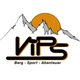 Logo mit Berggrafik, Sonne und dem Schriftzug "ViPS: Berg - Sport - Abenteuer" in Orange und Schwarz.