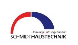 Logo von Schmidt Haustechnik, mit rotem und blauem Bogen. Text: Heizung, Lüftung, Sanitär.