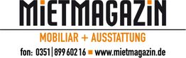 Logo von Mietmagazin mit Kontaktinformationen und Website für Mobiliar und Ausstattung.
