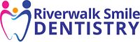 Logo for Riverwalk Smile Dentistry with abstract tooth and figures in pink, blue, and orange.