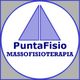 Logo di Punta Fisio Massofisioterapia con due triangoli blu verticali e testo blu su sfondo bianco.