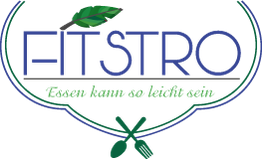 Logo mit Schriftzug "FITSTRO" und Slogan "Essen kann so leicht sein", Löffel und Gabel unten.