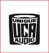 Unique Audio logo in black and white, with a cylindrical design.
