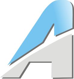 Abstraktes blau-graues Logo mit schrägen Linien und kantigen Formen.