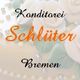 "Schriftzug 'Konditorei Schlüter Bremen' auf hellem Hintergrund mit Blumen und Perlen."