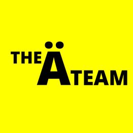 Schwarzer Text "THE Ä TEAM" auf gelbem Hintergrund, wobei das Ä mit zwei kleinen Punkten hervorgehoben ist.