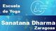 Texto: "Escuela de Yoga Sanatana Dharma Zaragoza". Fondos azules con mariposas.
