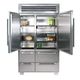 Open stainless steel refrigerator with food items on shelves and drawers beneath.