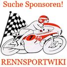Motorradfahrer mit Zielflagge, Text: "Suche Sponsoren! RENNSPORTWIKI".
