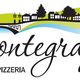 Logo del ristorante pizzeria Montegrappa con silhouette di case e alberi sopra il nome.