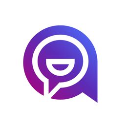 Fröhliches lila Chat-Logo mit Gesicht in Sprechblase, weißem Symbol auf lila Hintergrund.