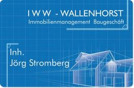 Visitenkarte: IWW Wallenhorst, Immobilienmanagement, Baugschäft, Inh. Jörg Stromberg, blaues Design.