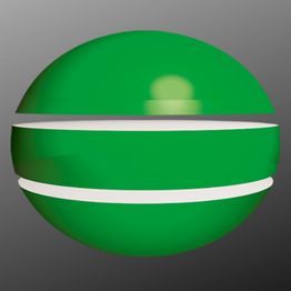 Grüne Kugel mit zwei weißen horizontalen Linien, schwebende Teile, grauer Hintergrund.