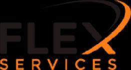 Logo with the text "FLEX SERVICES" and a stylized orange swoosh over the letter "X".